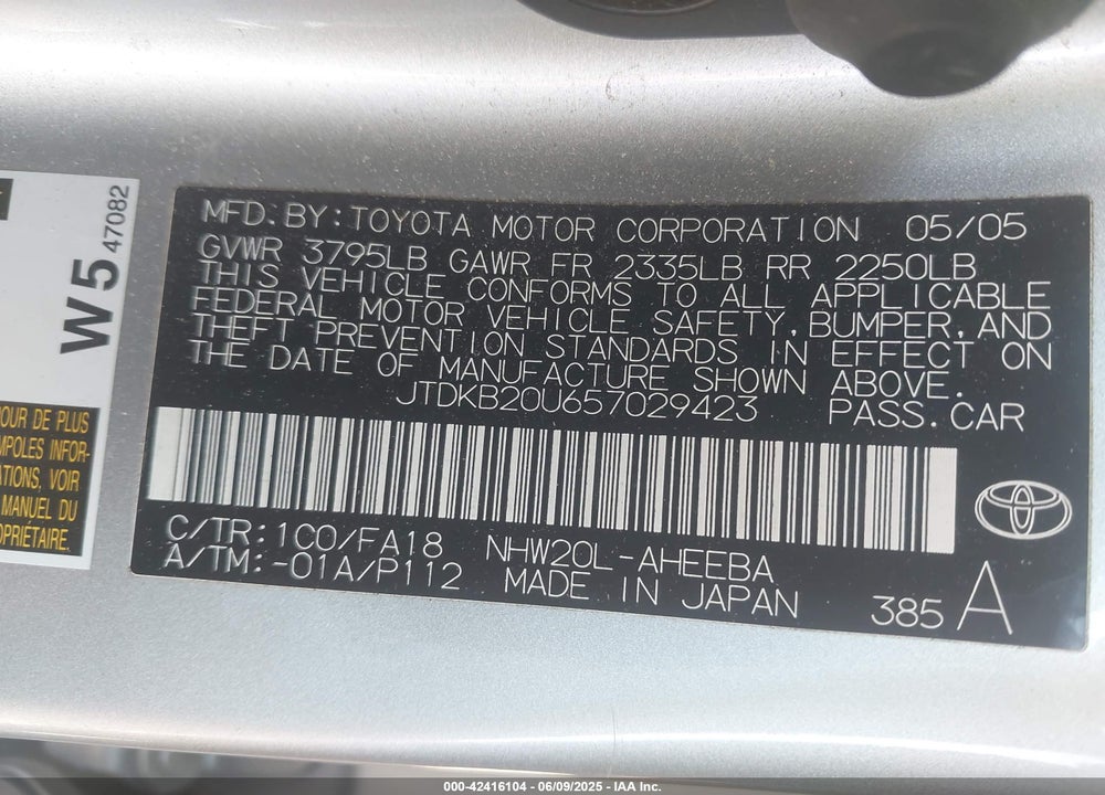 2005 TOYOTA PRIUS VIN: JTDKB20U657029423