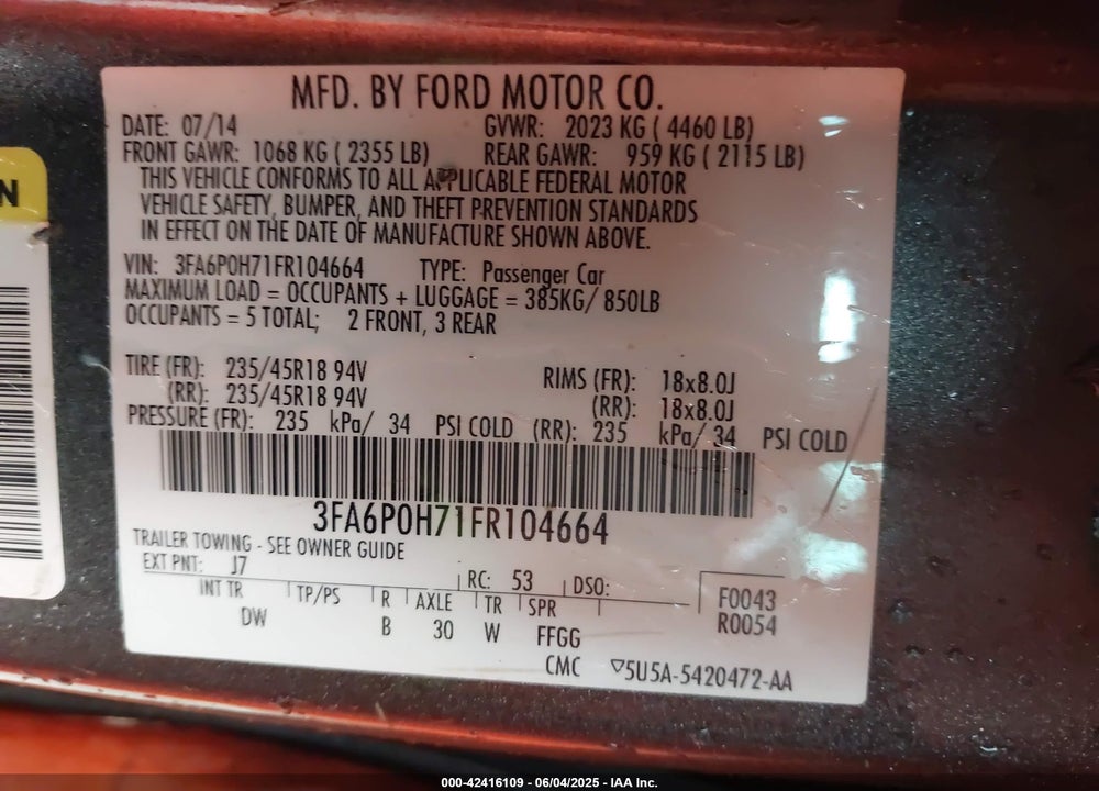 2015 FORD FUSION VIN: 3FA6P0H71FR104664