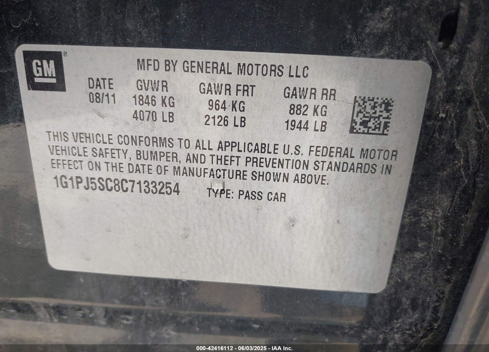 2012 CHEVROLET CRUZE VIN: 1G1PJ5SC8C7133254
