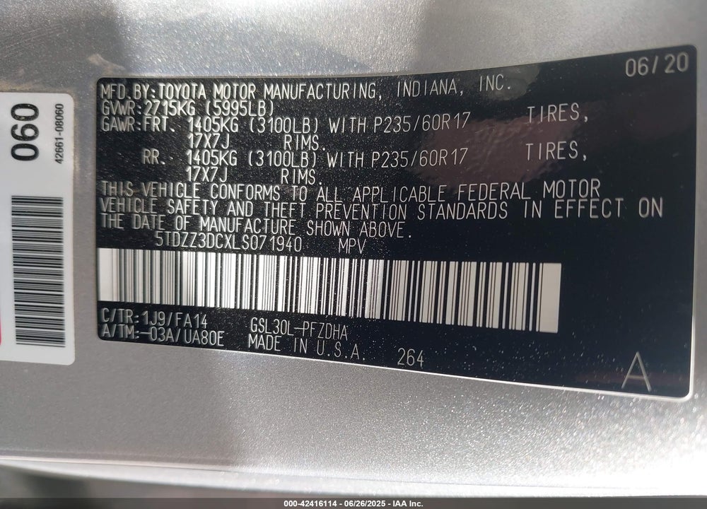 2020 TOYOTA SIENNA L VIN: 5TDZZ3DCXLS071940