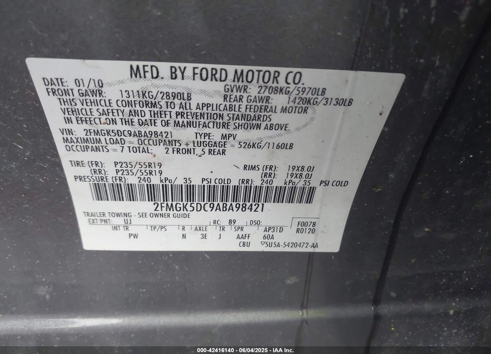 2010 FORD FLEX VIN: 2FMGK5DC9ABA98421