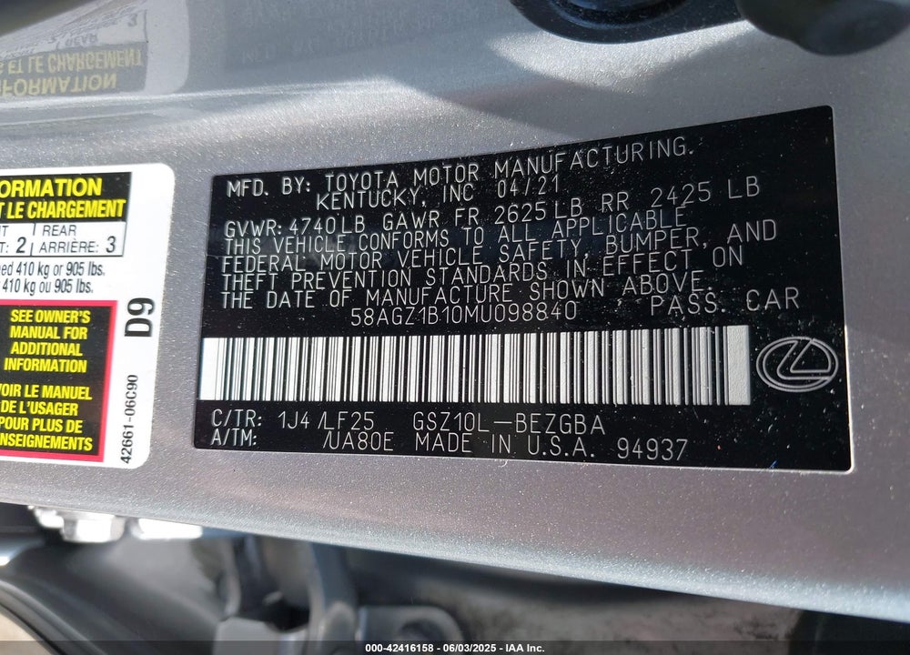 2021 LEXUS ES 350 F-SPORT VIN: 58AGZ1B10MU098840