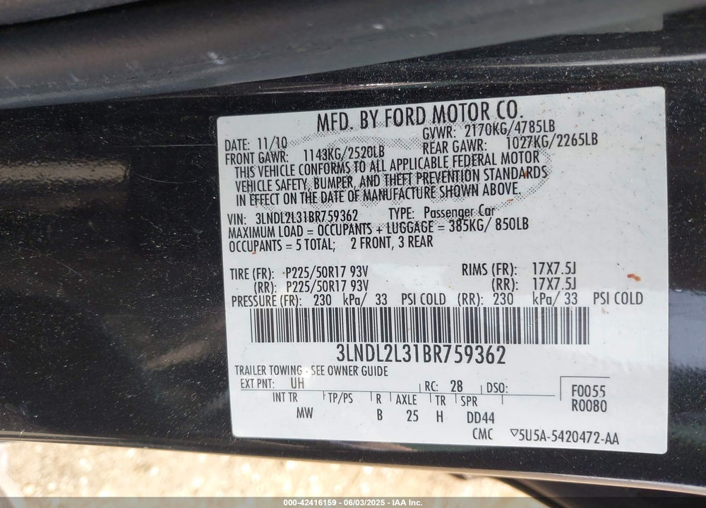 2011 LINCOLN MKZ HYBRID VIN: 3LNDL2L31BR759362