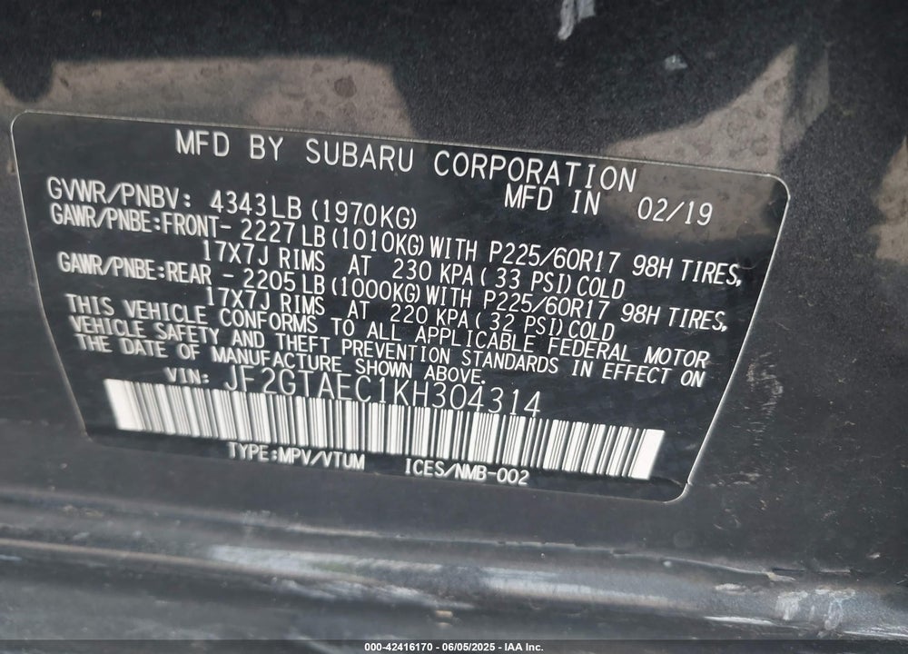 2019 SUBARU CROSSTREK VIN: JF2GTAEC1KH304314