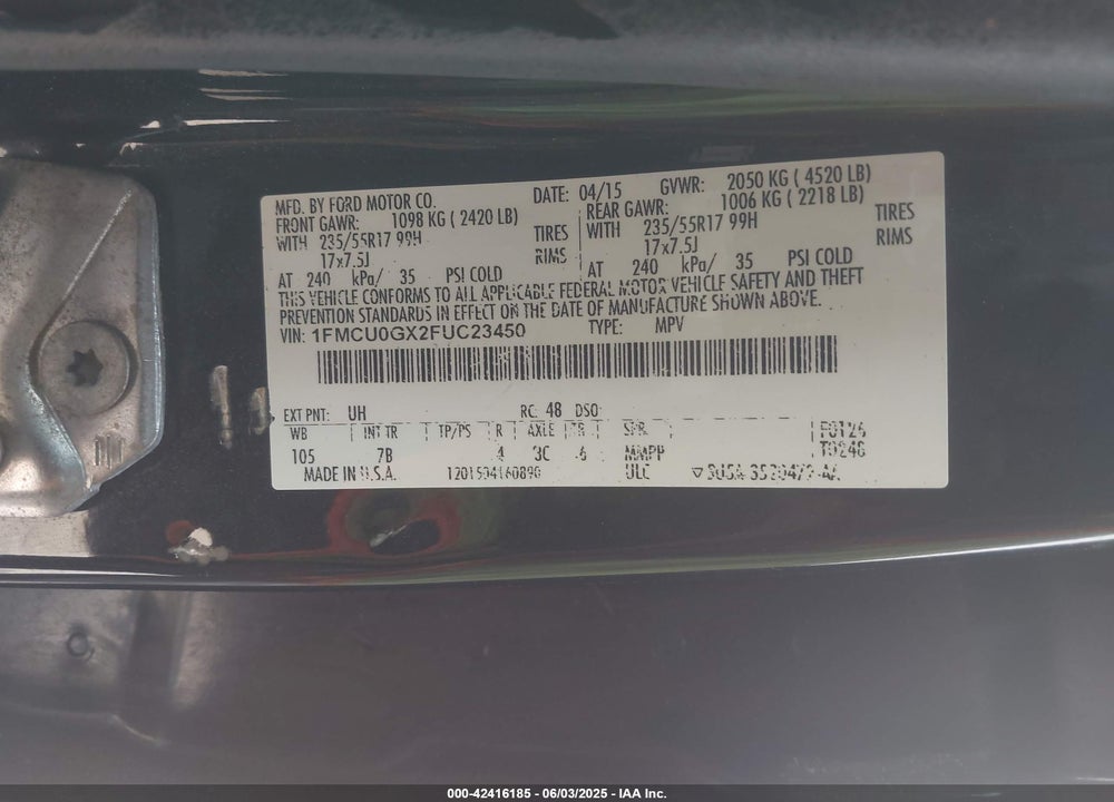 2015 FORD ESCAPE VIN: 1FMCU0GX2FUC23450