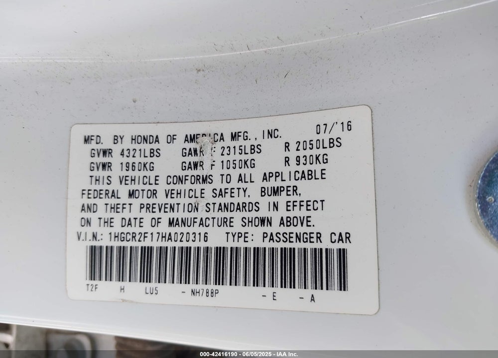 2017 HONDA ACCORD SPORT SE VIN: 1HGCR2F17HA020316