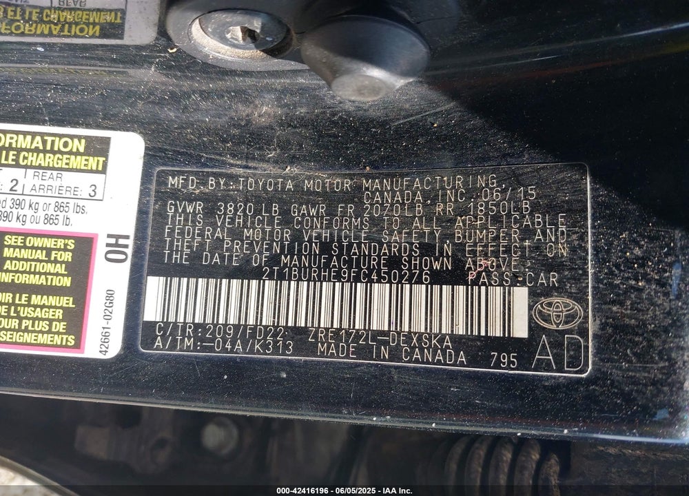 2015 TOYOTA COROLLA S PLUS VIN: 2T1BURHE9FC450276