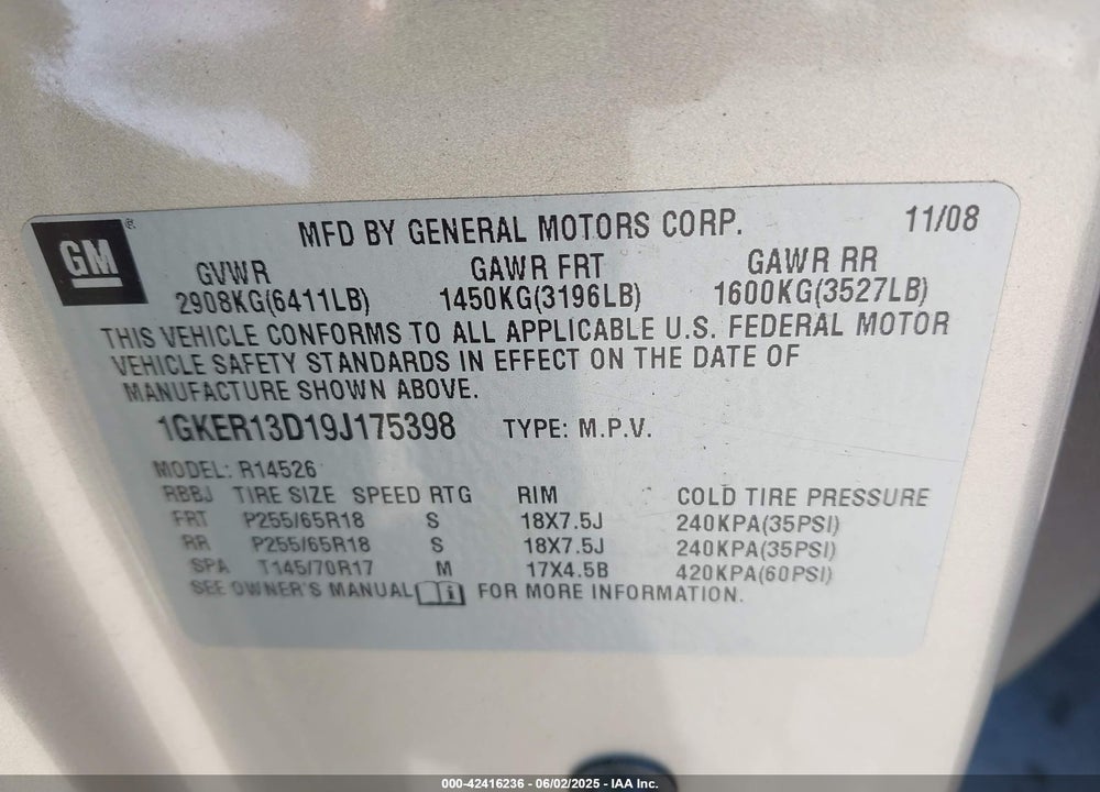 2009 GMC ACADIA VIN: 1GKER13D19J175398