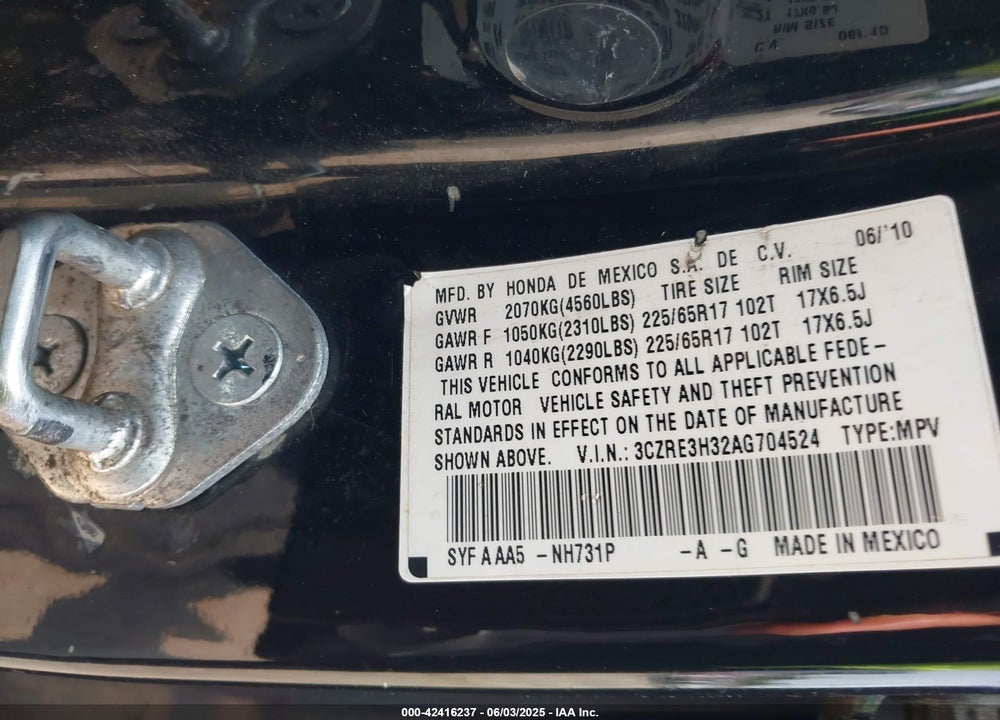 2010 HONDA CR-V LX VIN: 3CZRE3H32AG704524