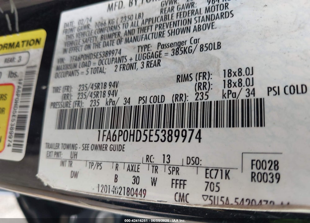 2014 FORD FUSION SE VIN: 1FA6P0HD5E5389974