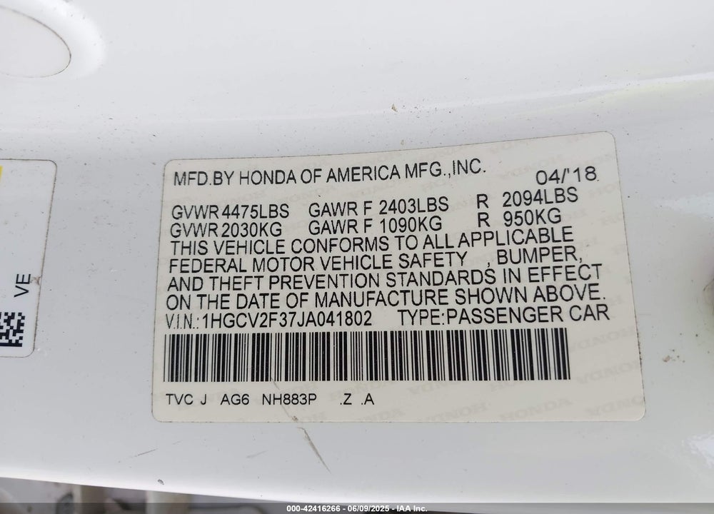 2018 HONDA ACCORD VIN: 1HGCV2F37JA041802