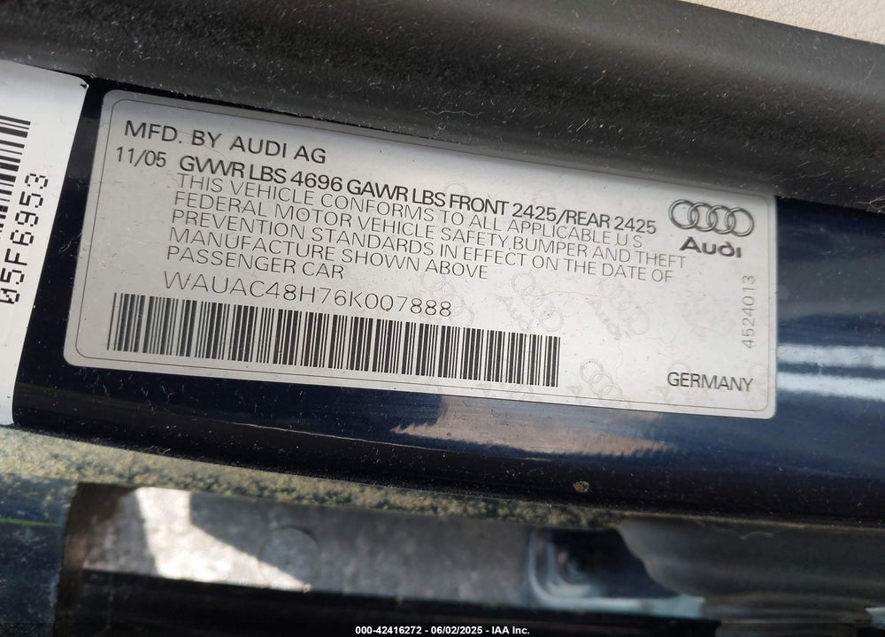 2006 AUDI A4 VIN: WAUAC48H76K007888