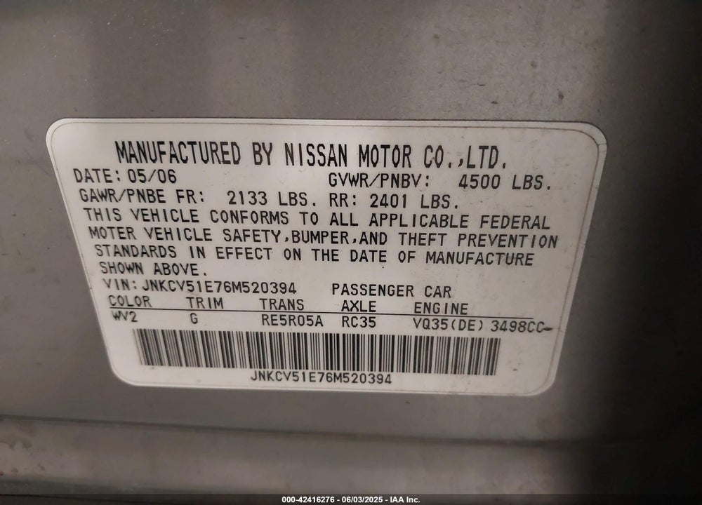2006 INFINITI G35 VIN: JNKCV51E76M520394