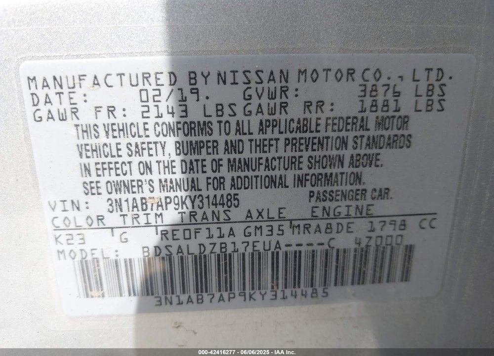 2019 NISSAN SENTRA VIN: 3N1AB7AP9KY314485