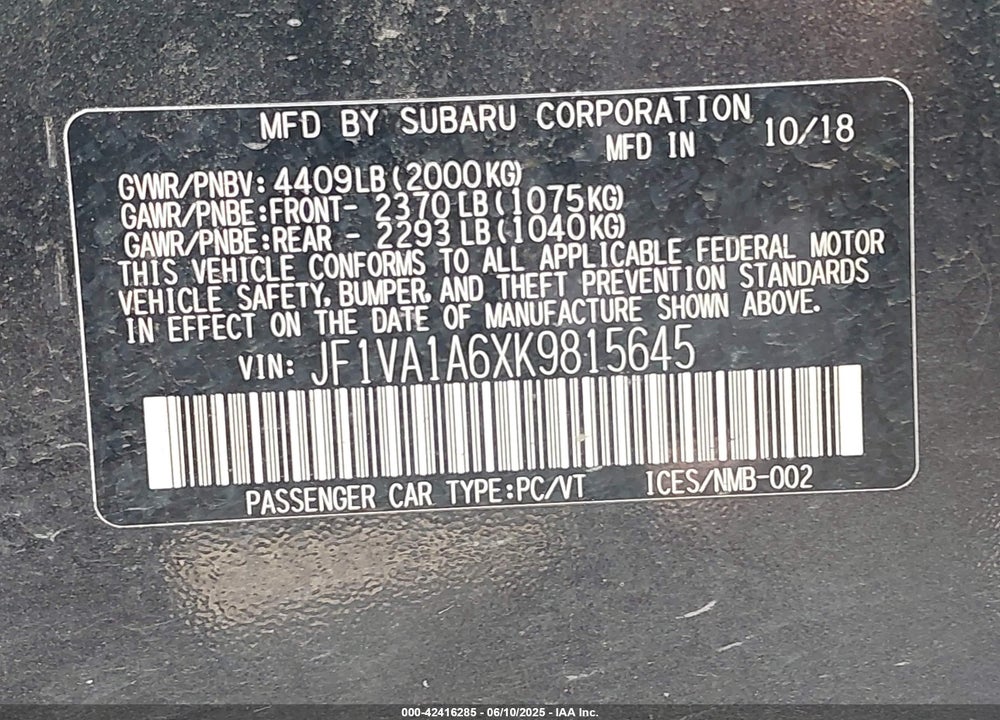 2019 SUBARU WRX VIN: JF1VA1A6XK9815645