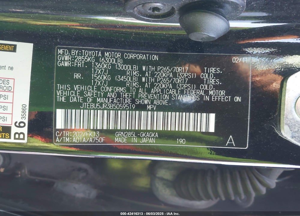 2011 TOYOTA 4RUNNER SR5 V6 VIN: JTEBU5JR3B5059519
