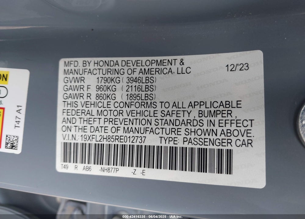 2024 HONDA CIVIC SPORT VIN: 19XFL2H85RE012737