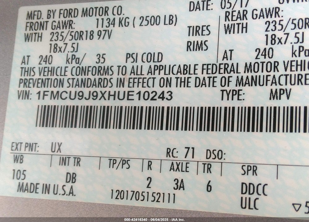 2017 FORD ESCAPE VIN: 1FMCU9J9XHUE10243