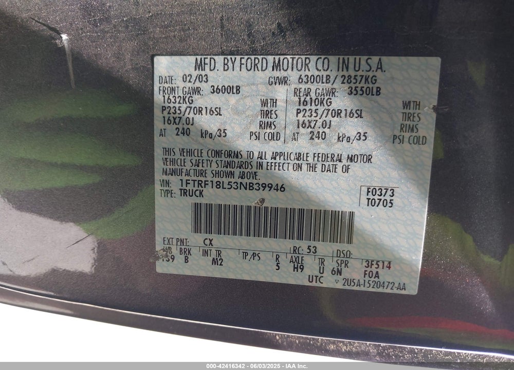 2003 FORD F-150 XL/XLT VIN: 1FTRF18L53NB39946