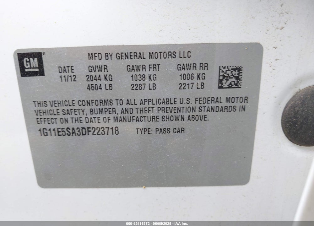 2013 CHEVROLET MALIBU VIN: 1G11E5SA3DF223718