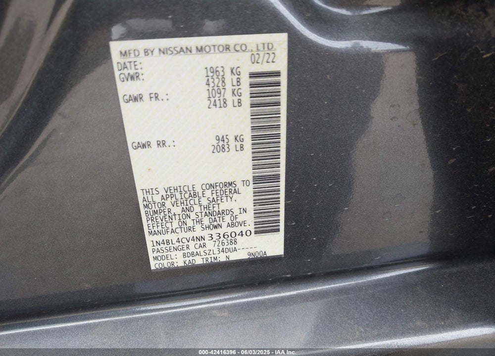 2022 NISSAN ALTIMA VIN: 1N4BL4CV4NN336040