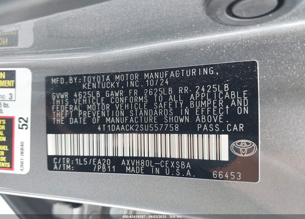 2025 TOYOTA CAMRY VIN: 4T1DAACK2SU557758
