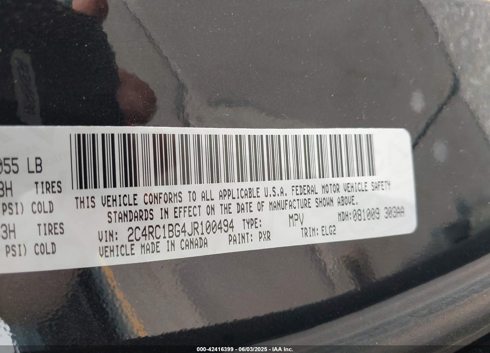 2018 CHRYSLER PACIFICA TOURING L VIN: 2C4RC1BG4JR100494