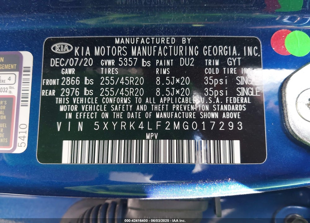 2021 KIA SORENTO VIN: 5XYRK4LF2MG017293