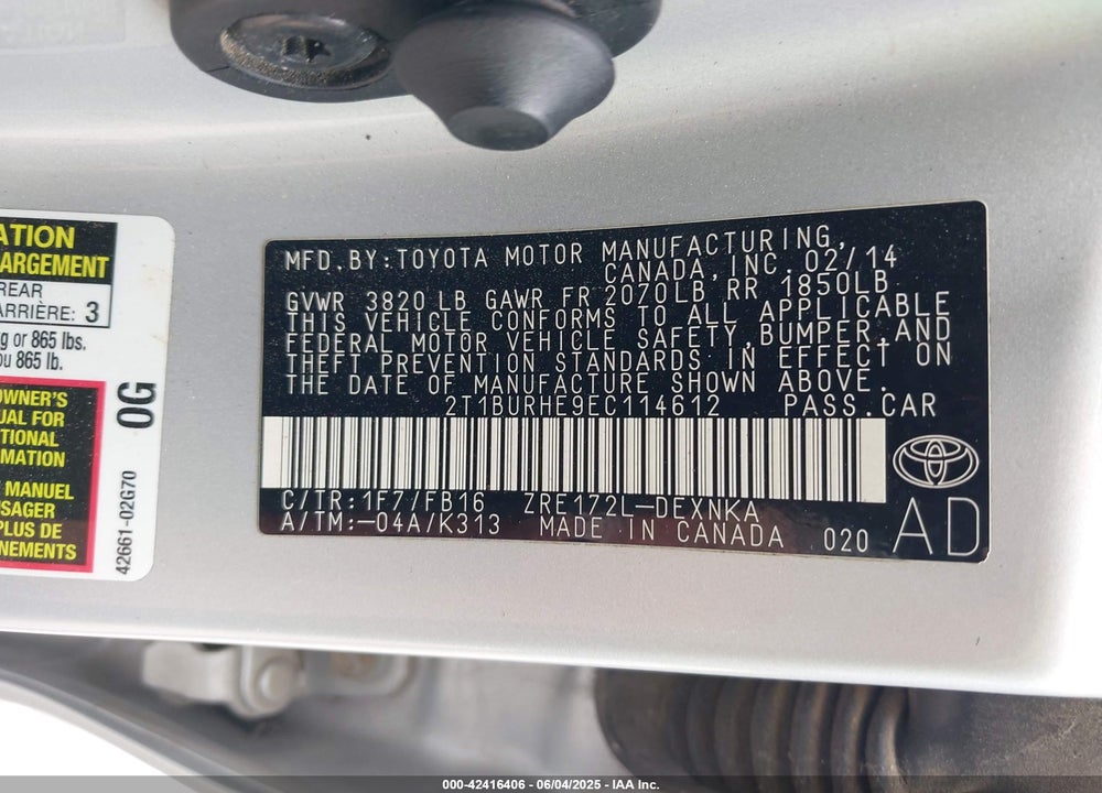 2014 TOYOTA COROLLA VIN: 2T1BURHE9EC114612