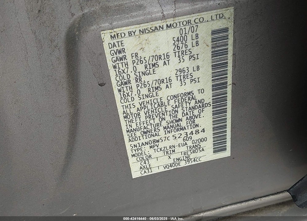 2007 NISSAN XTERRA VIN: 5N1AN08W57C523484