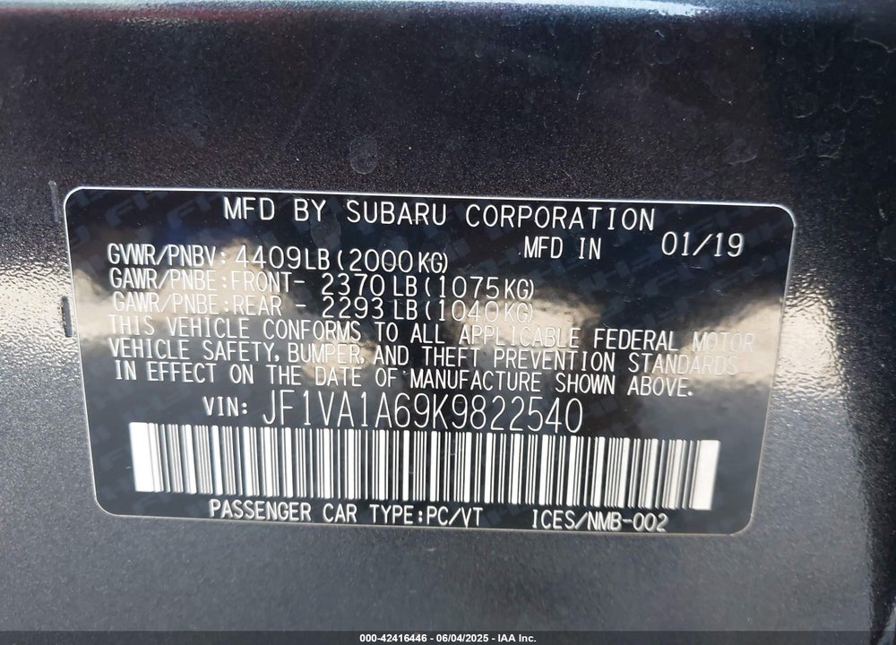 2019 SUBARU WRX VIN: JF1VA1A69K9822540