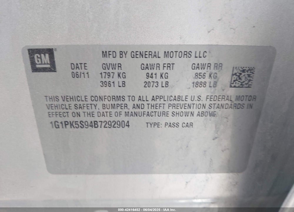 2011 CHEVROLET CRUZE VIN: 1G1PK5S94B7292904