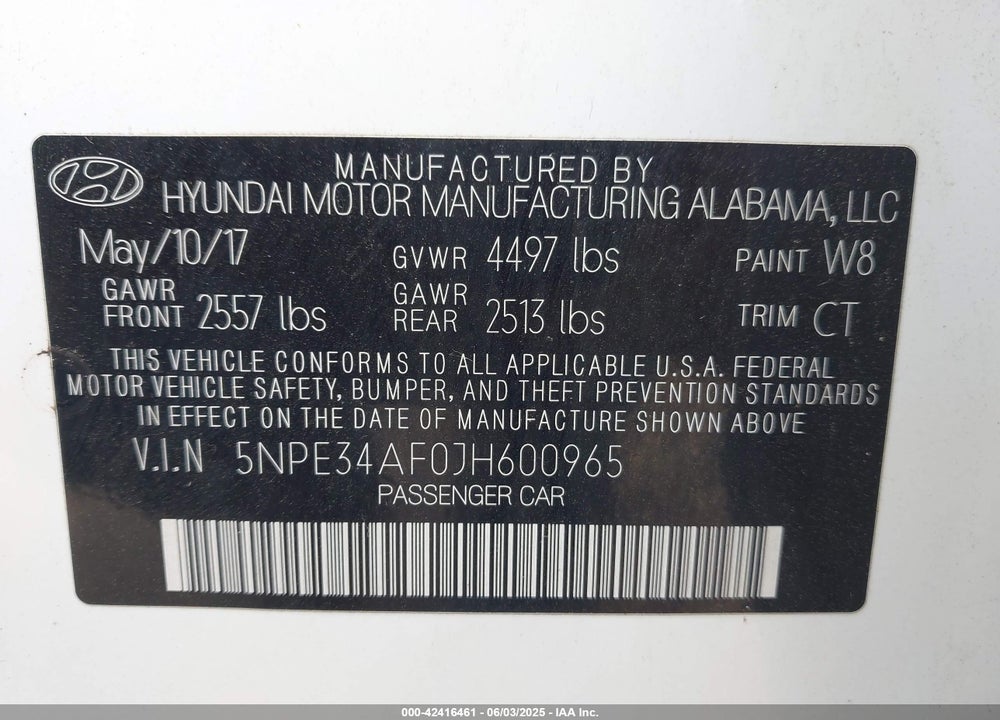 2018 HYUNDAI SONATA SPORT VIN: 5NPE34AF0JH600965