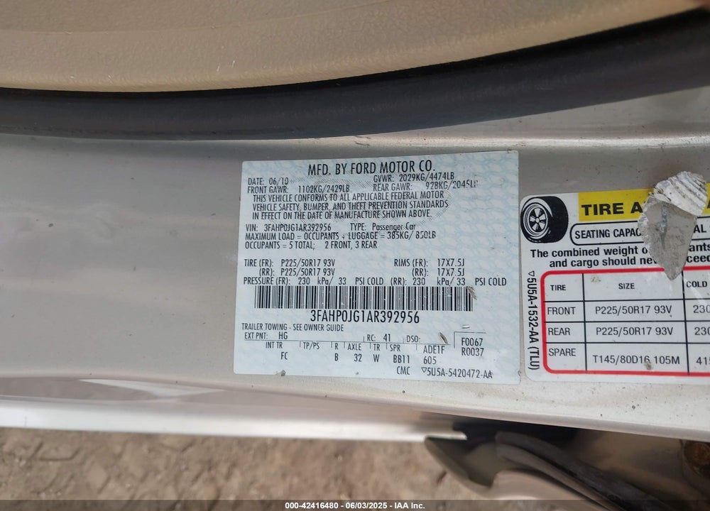 2010 FORD FUSION VIN: 3FAHP0JG1AR392956