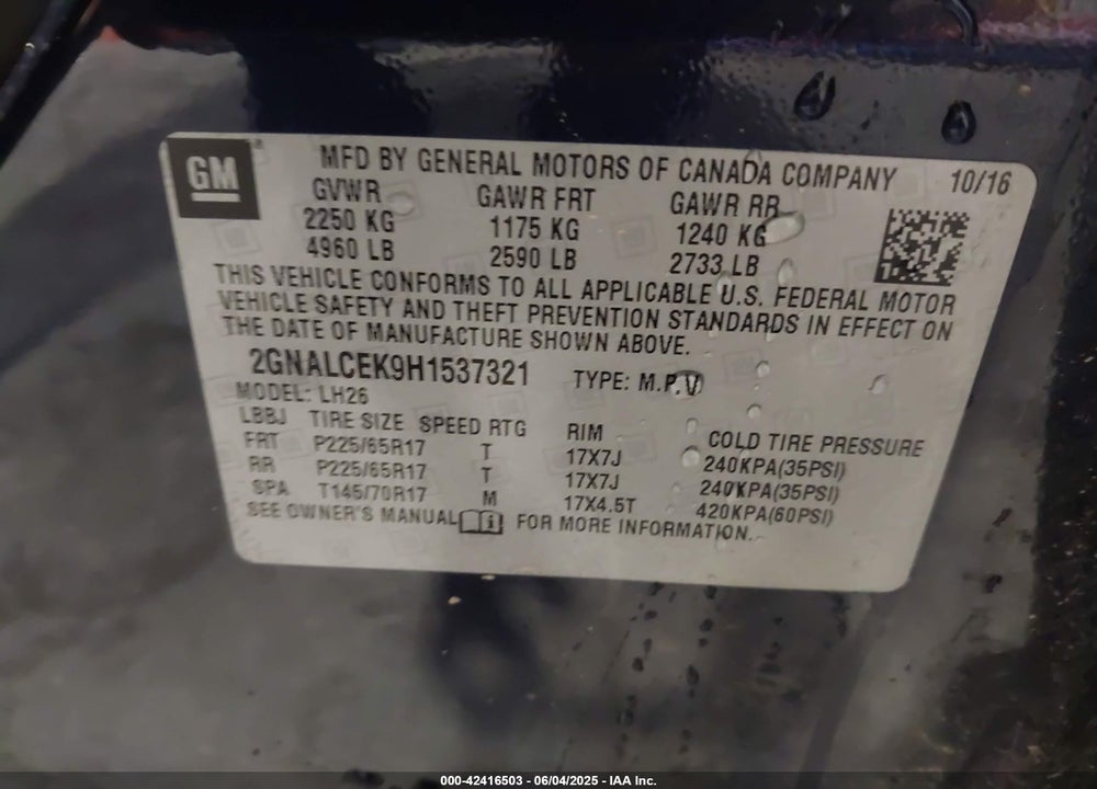 2017 CHEVROLET EQUINOX VIN: 2GNALCEK9H1537321