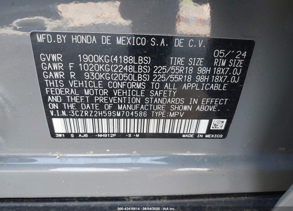 2025 HONDA HR-V VIN: 3CZRZ2H59SM704586