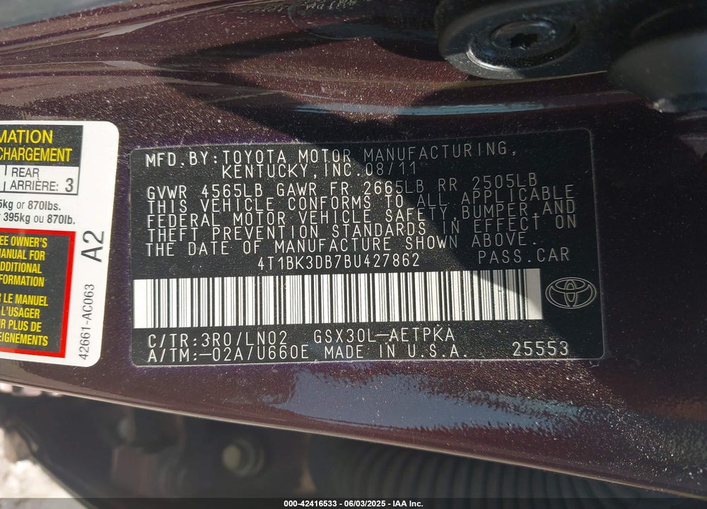 2011 TOYOTA AVALON VIN: 4T1BK3DB7BU427862