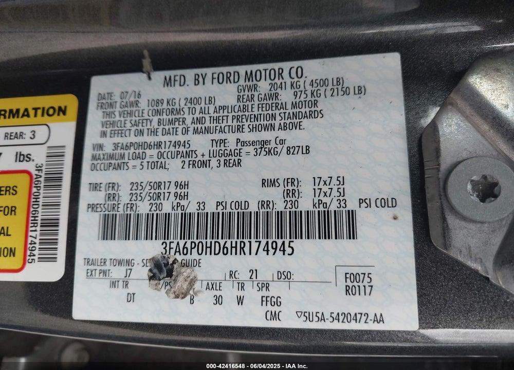 2017 FORD FUSION VIN: 3FA6P0HD6HR174945