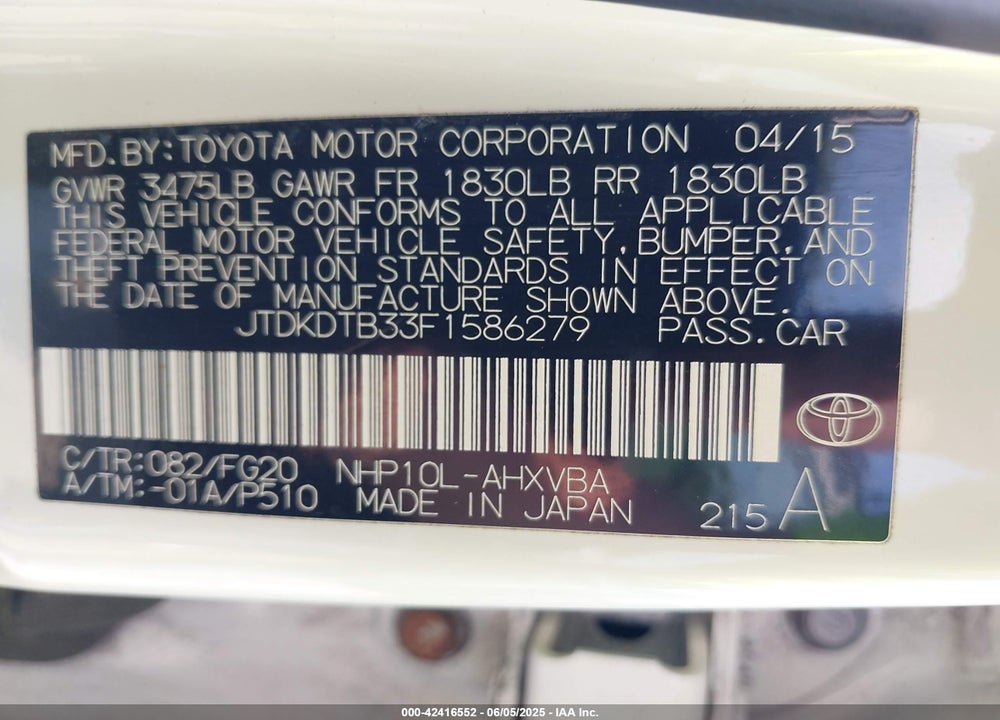 2015 TOYOTA PRIUS C VIN: JTDKDTB33F1586279