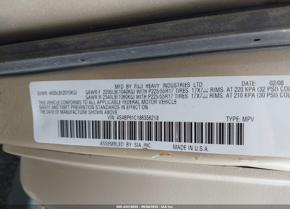 2008 SUBARU OUTBACK 2.5I VIN: 4S4BP61C186356218