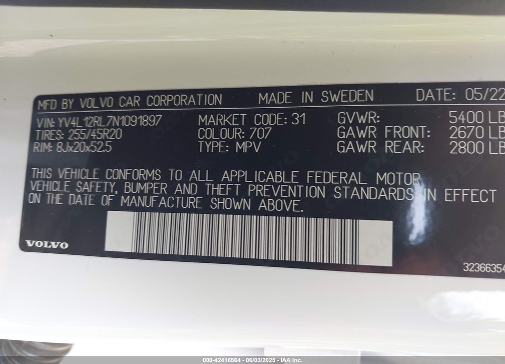 2022 VOLVO XC60 B5 INSCRIPTION VIN: YV4L12RL7N1091897