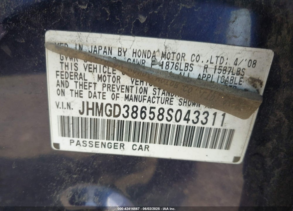 2008 HONDA FIT VIN: JHMGD38658S043311