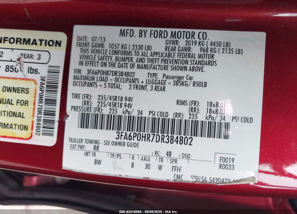 2013 FORD FUSION VIN: 3FA6P0HR7DR384802