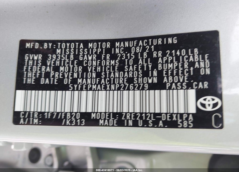 2022 TOYOTA COROLLA VIN: 5YFEPMAEXNP276279