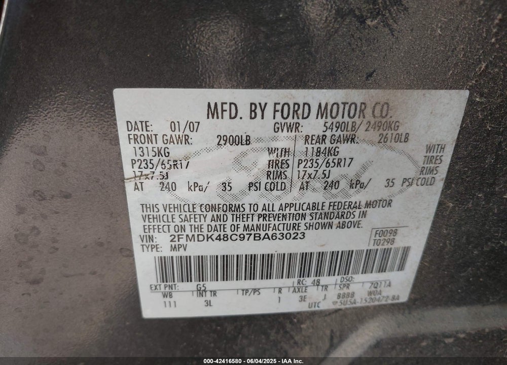 2007 FORD EDGE SEL VIN: 2FMDK48C97BA63023