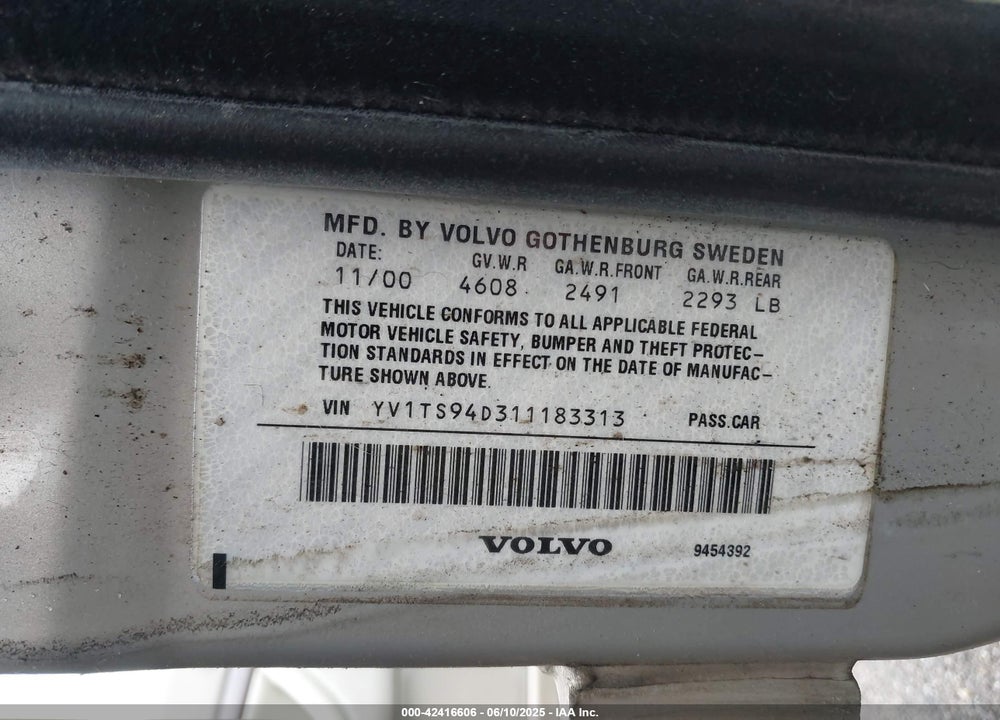 2001 VOLVO S80 2.9 VIN: YV1TS94D311183313