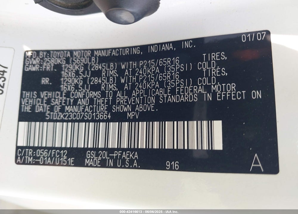 2007 TOYOTA SIENNA LE VIN: 5TDZK23C07S013664
