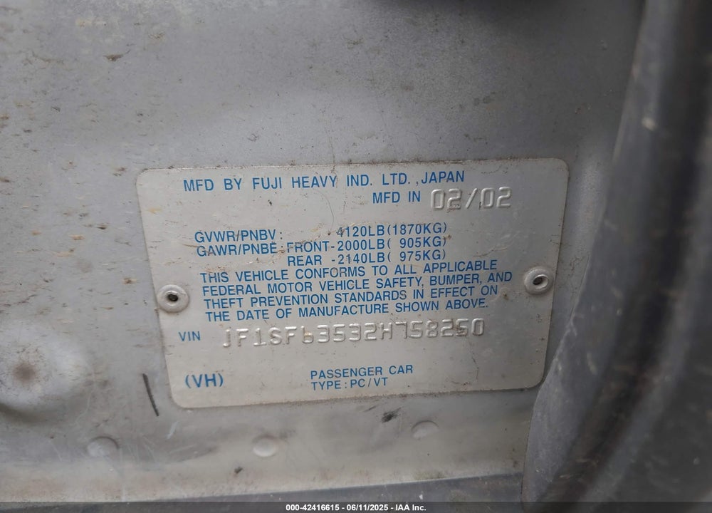 2002 SUBARU FORESTER L VIN: JF1SF63532H758250