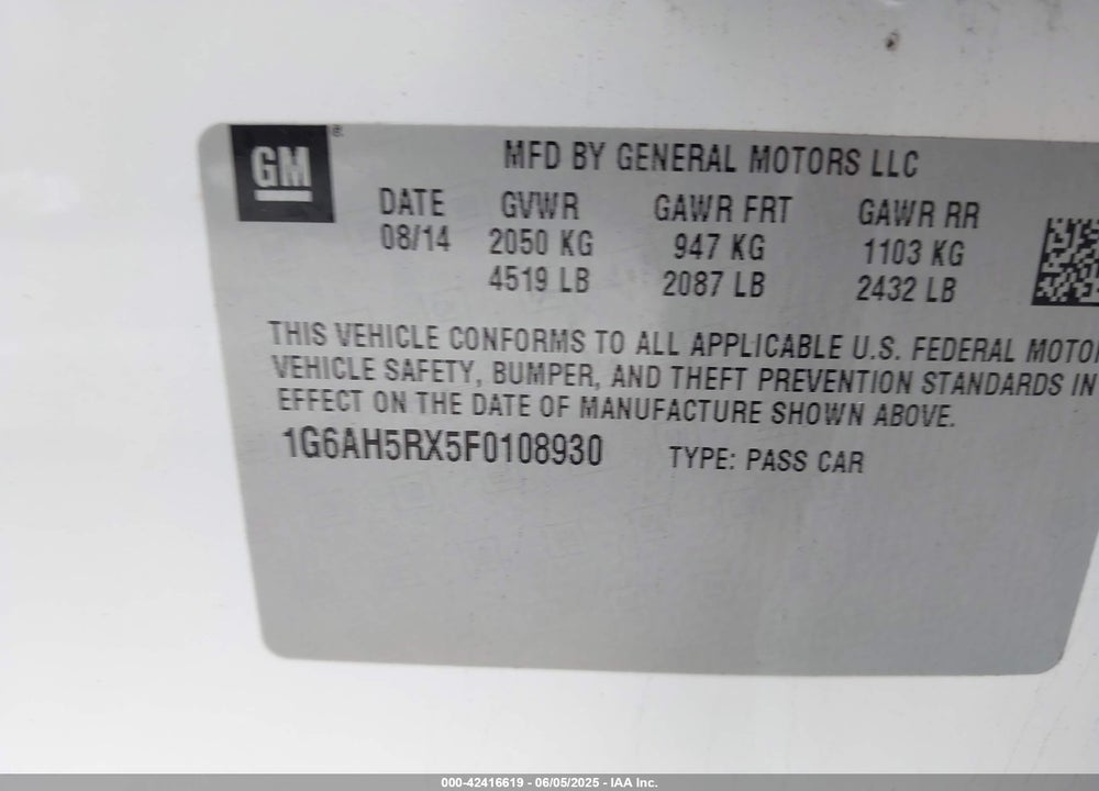 2015 CADILLAC ATS VIN: 1G6AH5RX5F0108930