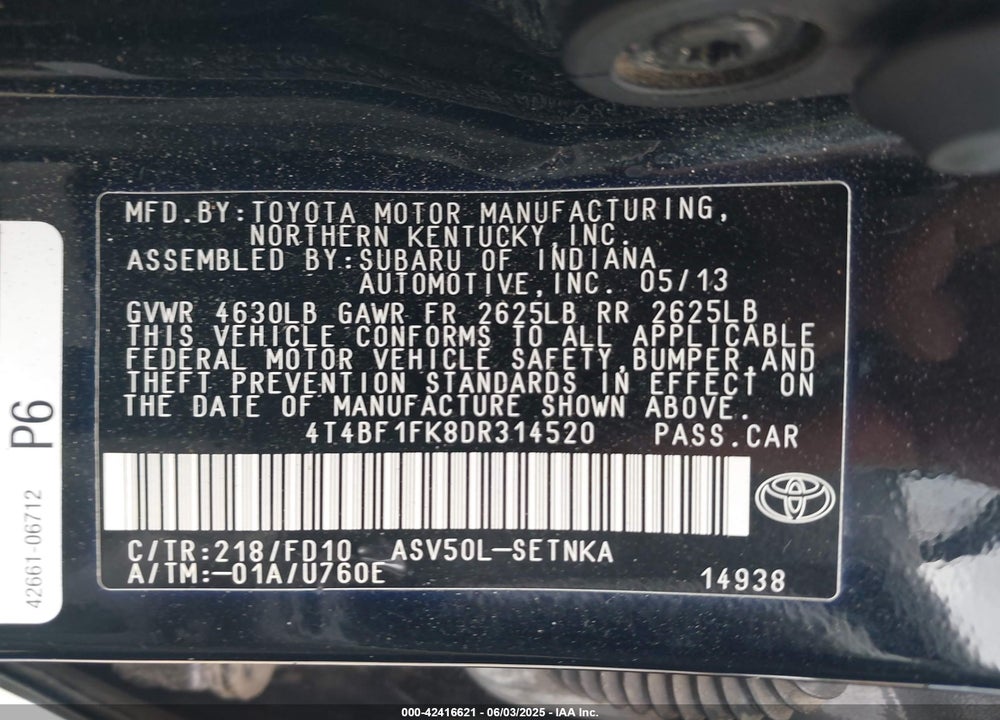 2013 TOYOTA CAMRY VIN: 4T4BF1FK8DR314520